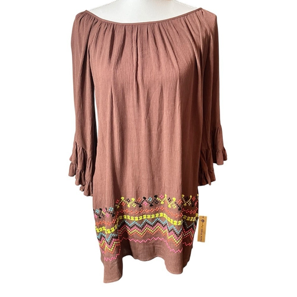 Uncle Frank Brown Embroidered Boho Peasant Dress XS Ruffle Sleeves Tunic NWT
